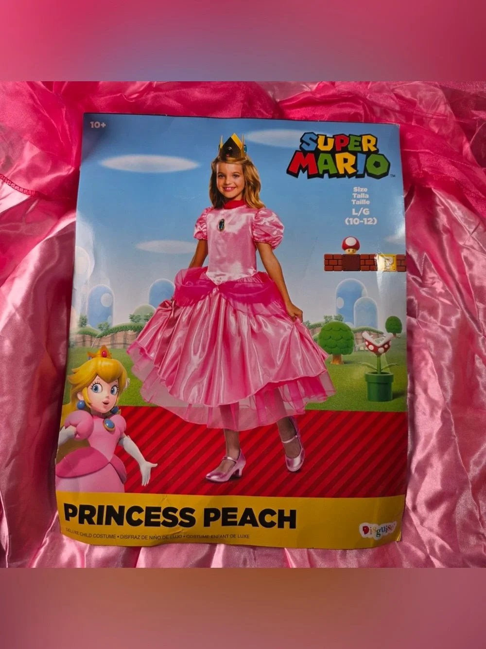 Super Mario Princess Peach Costume Kids Large 10-12 Deluxe Dress Petticoat Crown